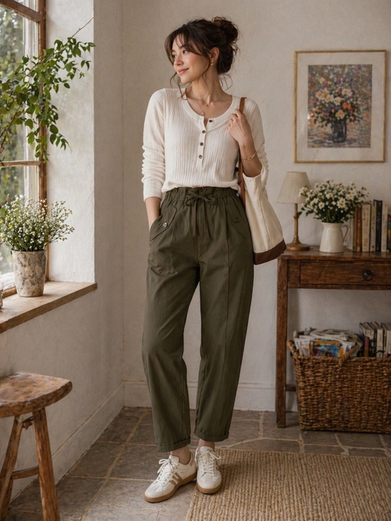 H&M Pants - H&M Olive Green Paper Bag Pants | Casual Chic Utility Trousers